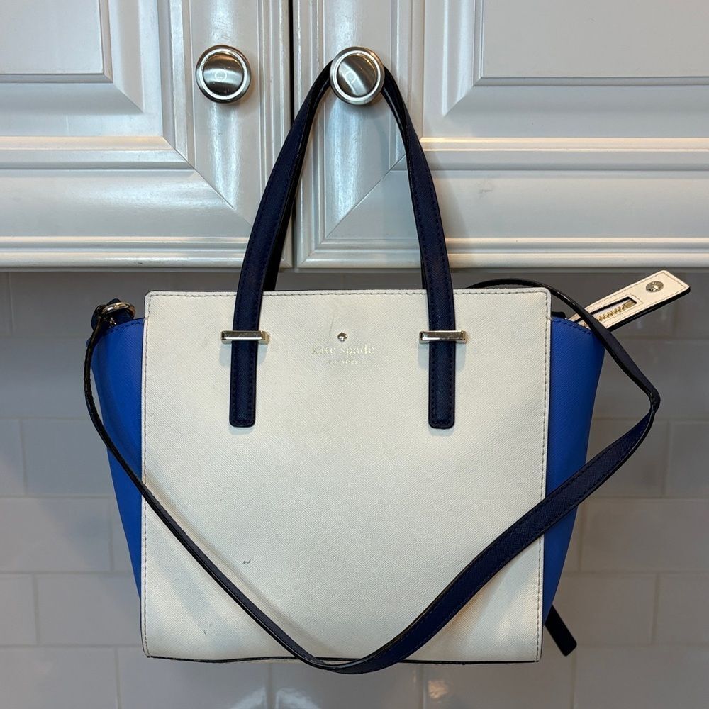 Kate Spade Purse Handbag Leather Crossbody Color Block Blue Satchel Tote Bag